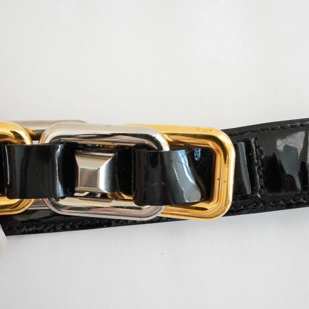 Miu Miu Patent Leather Chain Link Belt Womens S Black Statement Designer Thin